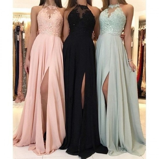 Classic Lace Embroidery Halter Prom Dress