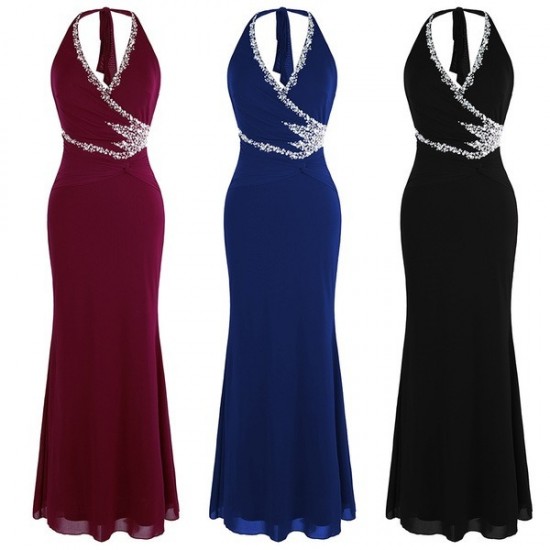 Modern Halter V Neck Beaded Dress
