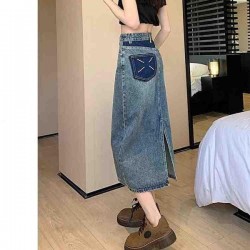 Comfort High-Waisted A-Line Denim Skirt With Slit