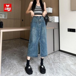 Practical High-Waisted A-Line Denim Skirt With Slit