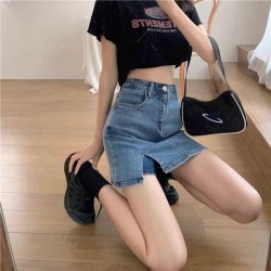 Relaxed High-Waisted A-Line Denim Skirt With Slit