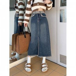 Practical High-Waisted A-Line Denim Skirt With Slit