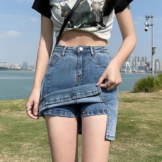 Comfort High-Waisted A-Line Denim Skirt With Slit