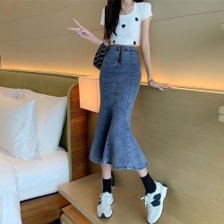 Classic Stretchy Petite Denim Skirt With High