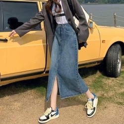 Practical Vintage High-Waist Split Hem Denim Midi