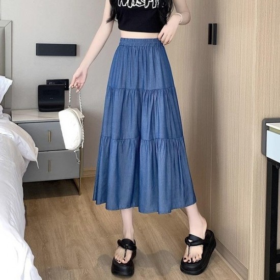 Practical Flowy High-Waisted Tencel Denim Midi Skirt