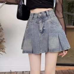Classic High-Waisted Denim A-Line Skirt With Pleated