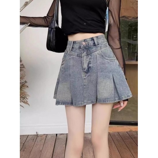 Classic High-Waisted Denim A-Line Skirt With Pleated