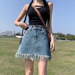 Practical Distressed Denim Mini Skirt High Waist