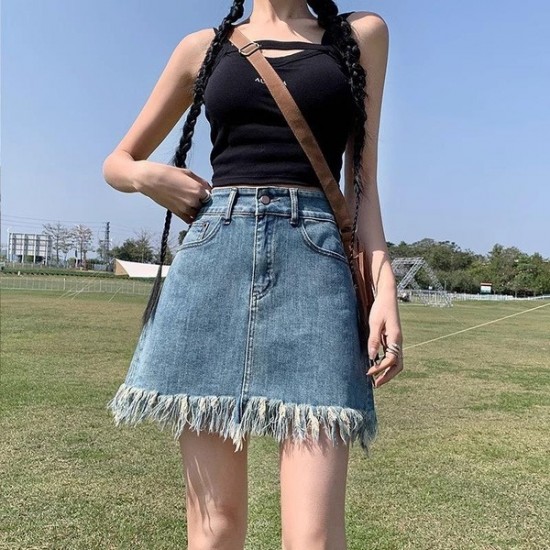 Practical Distressed Denim Mini Skirt High Waist