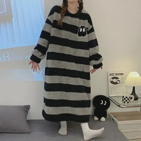 Comfort Striped Coral Fleece Nightgown - Winter