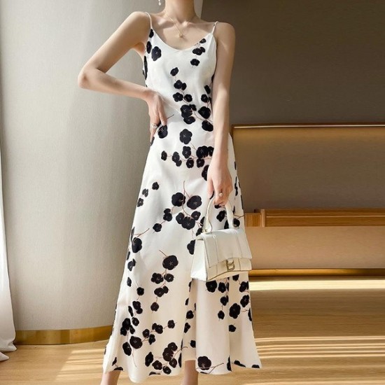 Practical V-Neck Floral Print Satin Slip Dress
