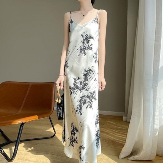 Relaxed Satin Acetate Slip Dress With V-Neck