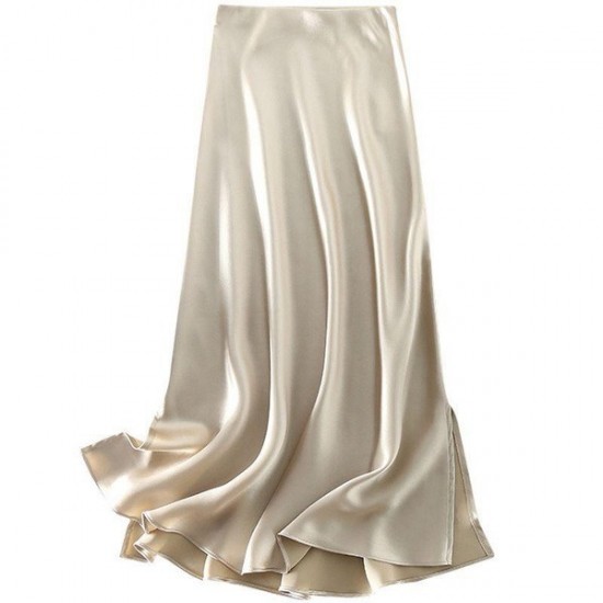 Relaxed Satin Acetate High-Waist A-Line Wrap Slit