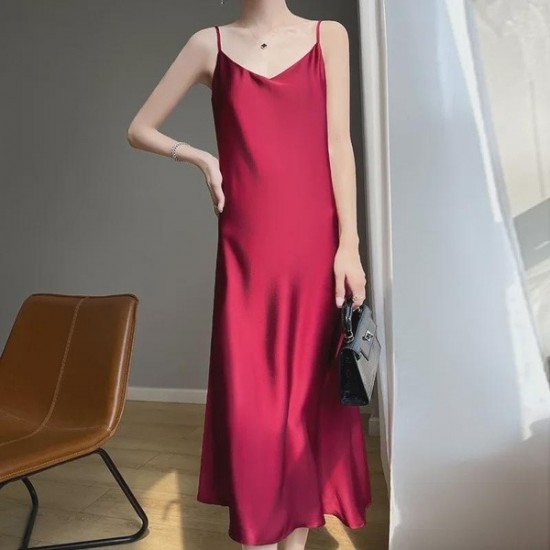 Comfort Sleek Satin Slip Dress With V-Neck