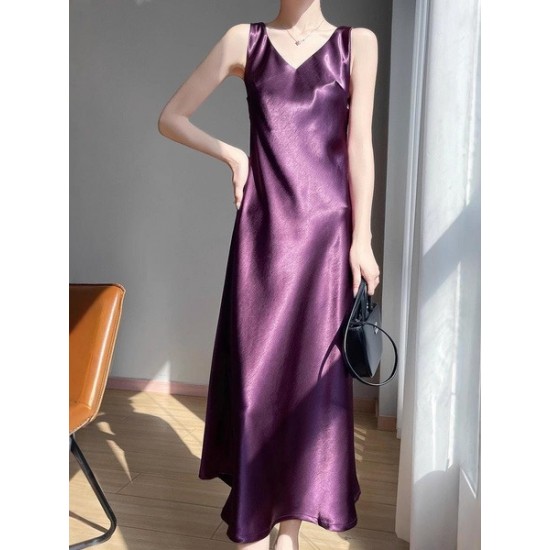 Comfort Satin Acetate Slip Dress With V-Neck