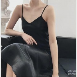 Relaxed Satin Slip Dress With V-Neck
