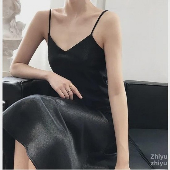 Relaxed Satin Slip Dress With V-Neck