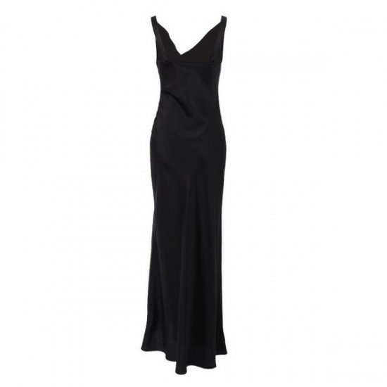 Practical Summer Satin Slip Dress Backless Black