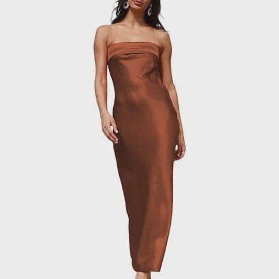 Relaxed Satin Silk Backless Strapless Maxi Dress