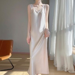 Classic Satin Slip Dress With Gold Trim