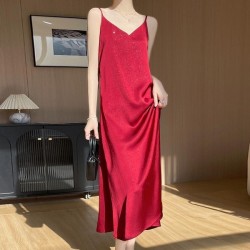Practical Satin Slip Dress With V-Neck &